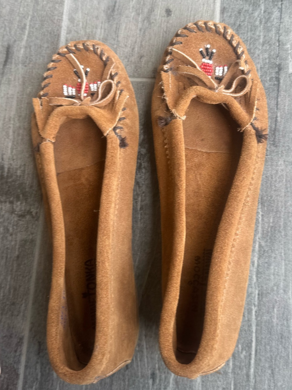 Minnetonka Tan Suede Beaded Moccasins Flats